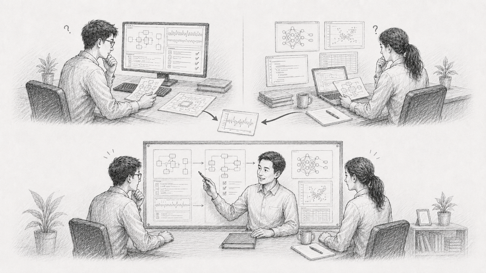SoC Engineer와 AI Engineer 사이에서 양쪽의 의미를 이해하는 전문가가 연결을 돕는 연필 스케치